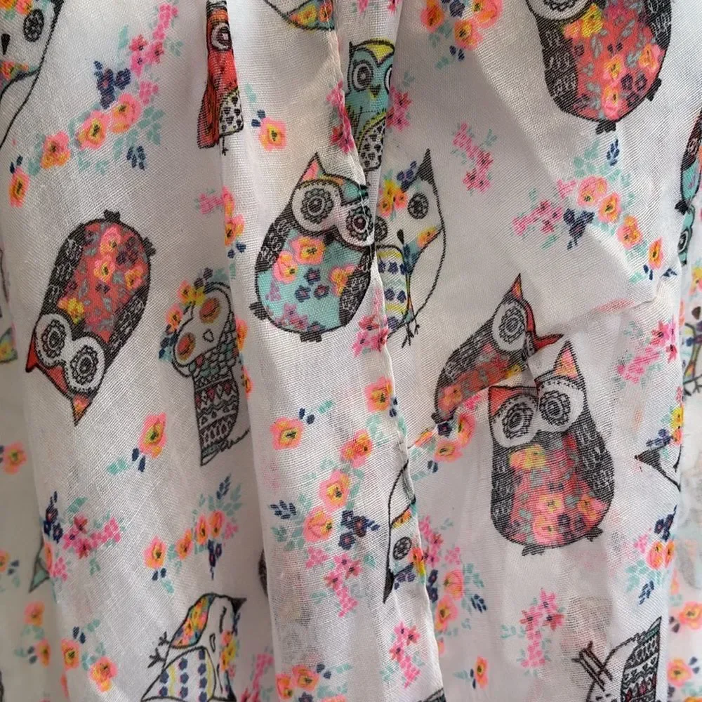Owl Animal Print Sheer Gauze Infinity Scarf White & Neon colorful Whimsical